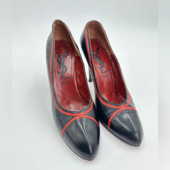 Vintage YSL Yves Saint Laurent Paris Shoes Black High Heel Pumps Red Trim 10 - Picture 3 of 11
